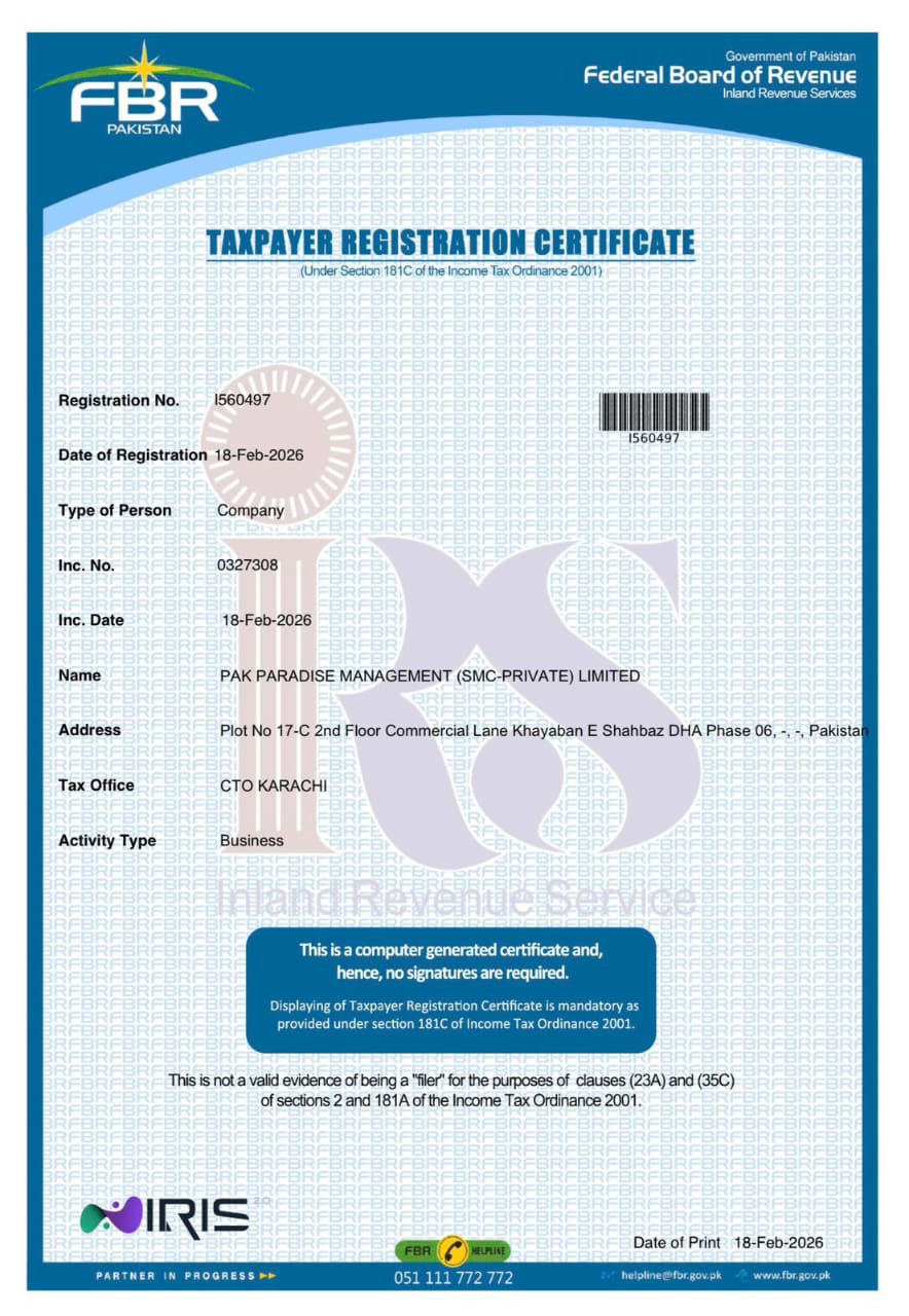 FBR Registration Certificate of Pak Paradise Management