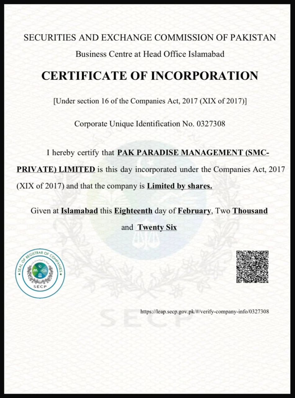 SECP Certificate of Incorporation for Pak Paradise Management (SMC-Private) Limited